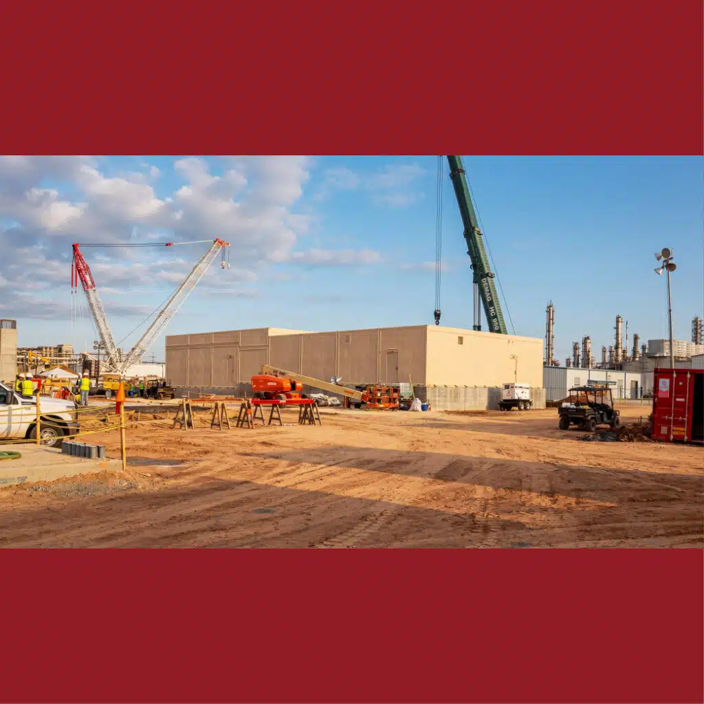 Crane installing a modular building at an active industrial site