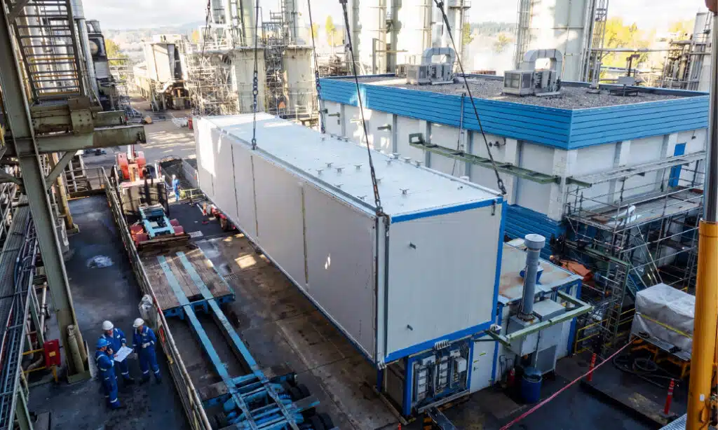 Modular building being positioned for installation at an industrial facility.